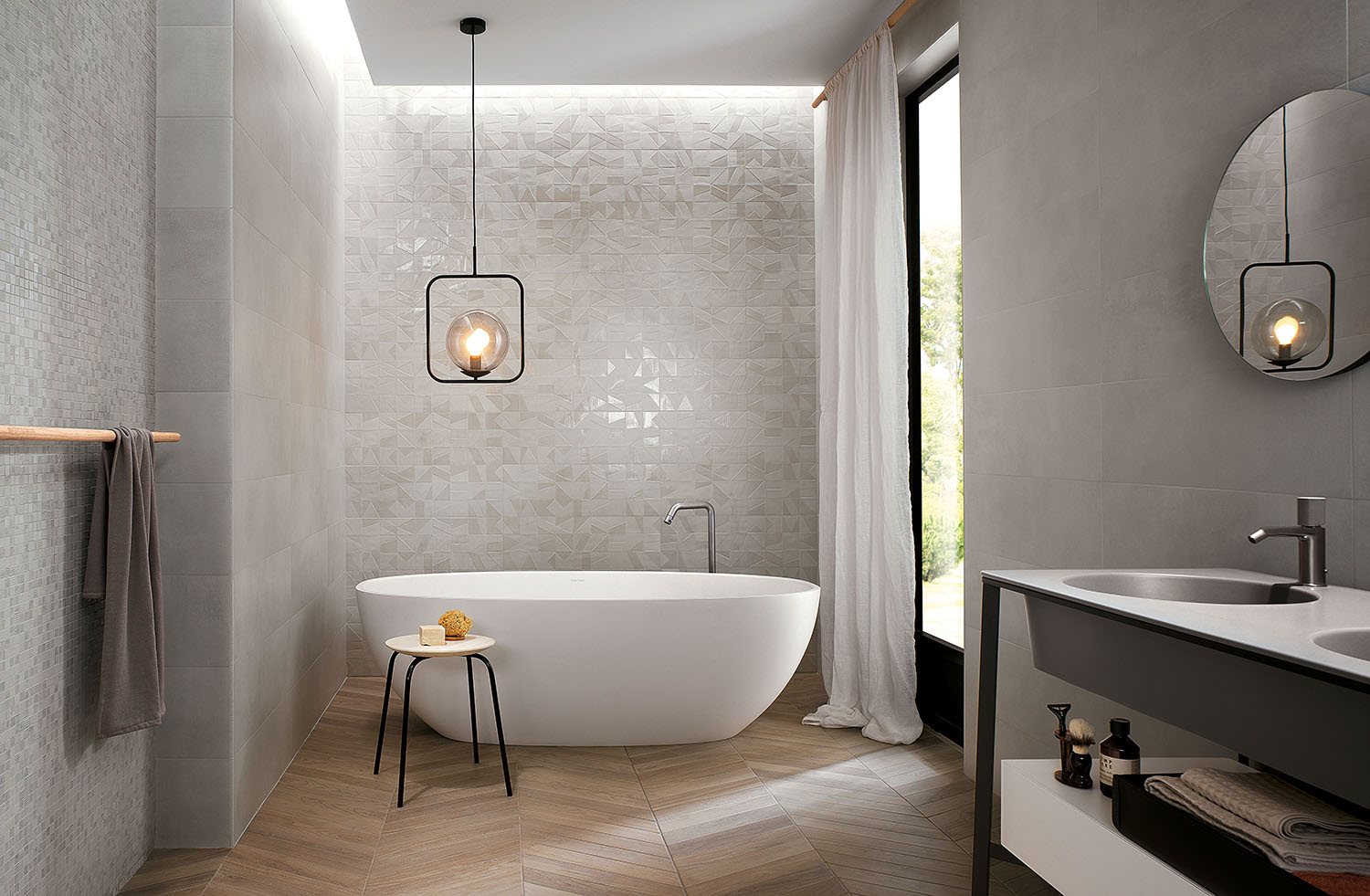 Bathroom with white textured tile walls