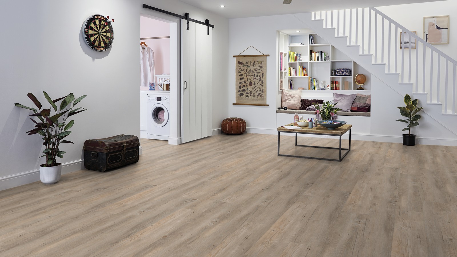 Linoleum flooring in basement common area